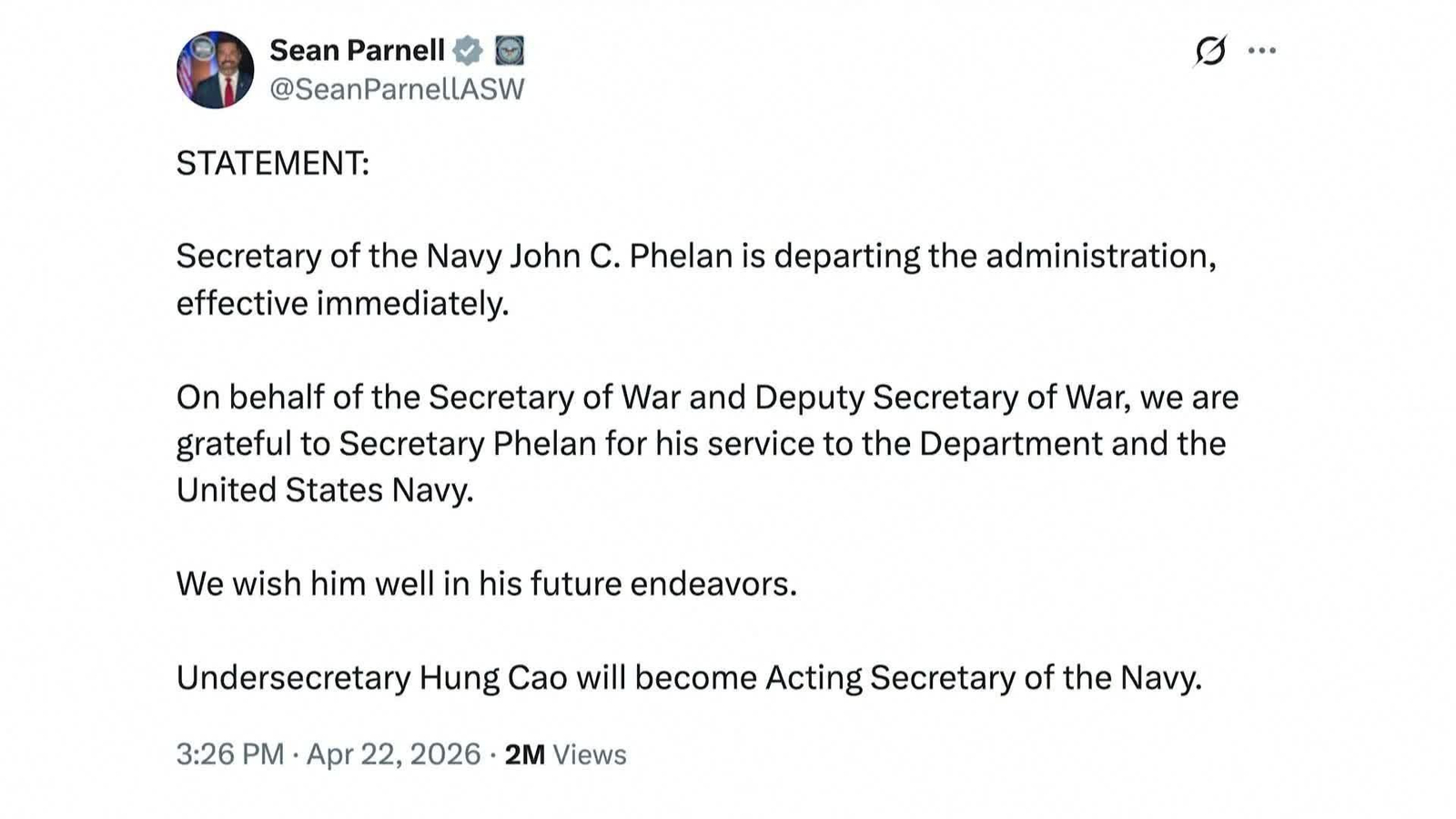 J005-EEUU DESTITUCION SECRETARIO ARMADA
