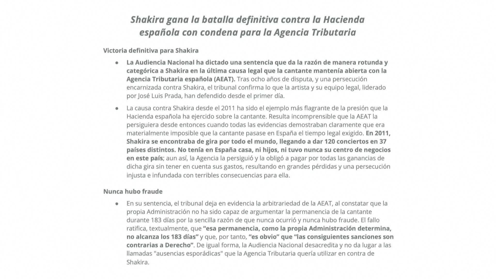 L067-ESPAÑA SHAKIRA ABSUELTA DE FRAUDE FISCAL