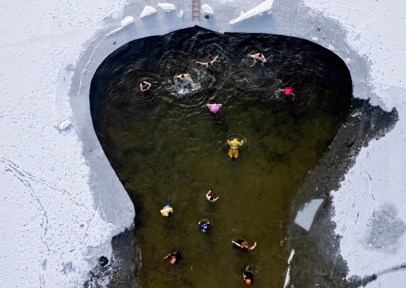 Nadadores celebran el Carnaval del Hielo en las gélidas aguas del lago Orankesee en Berlín