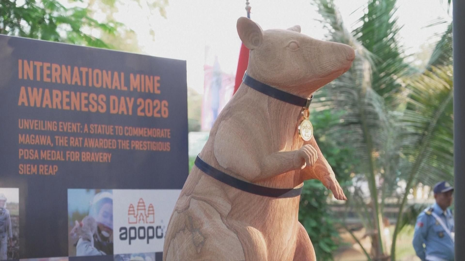 Estatua en honor a la rata que detecta minas antipersona en Camboya